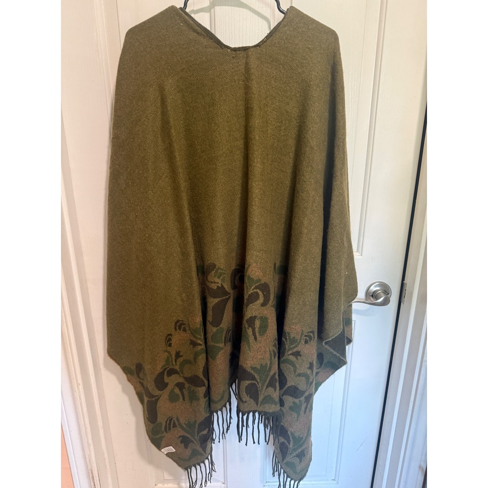 Olive Green Reversible Floral Fringe Cape Open Front Wrap Coat One Size - Picture 2 of 4